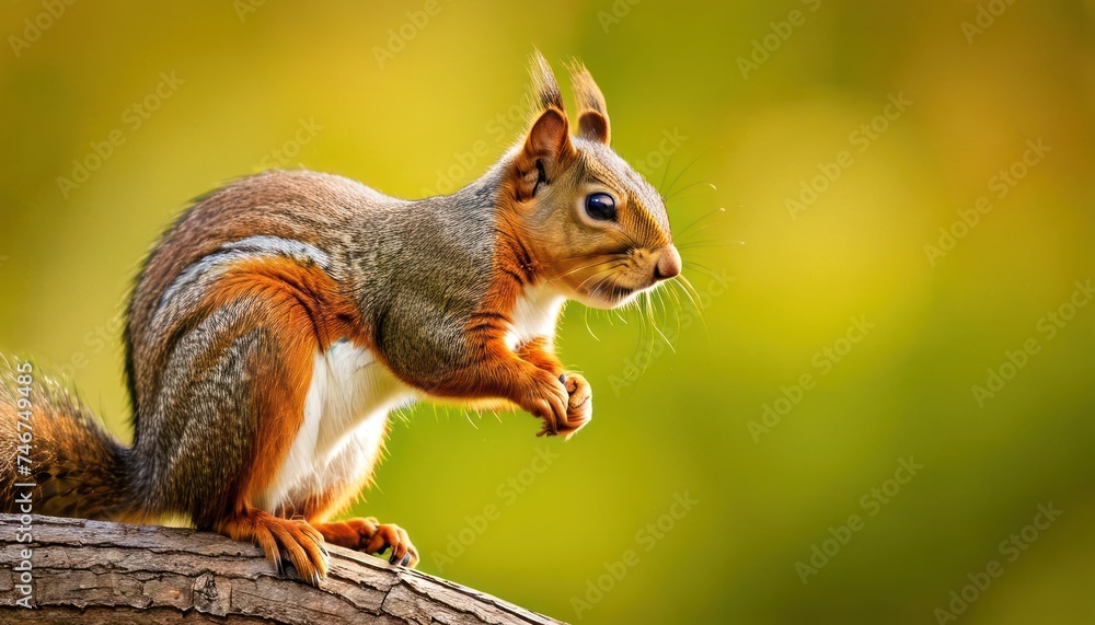 Fototapeta premium a close up of a squirrel on a tree branch with a blurry back ground behind it and a blurry back ground behind it.