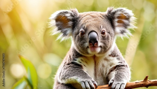 a close up of a koala sitting on a tree branch with its eyes open and a blurry background.
