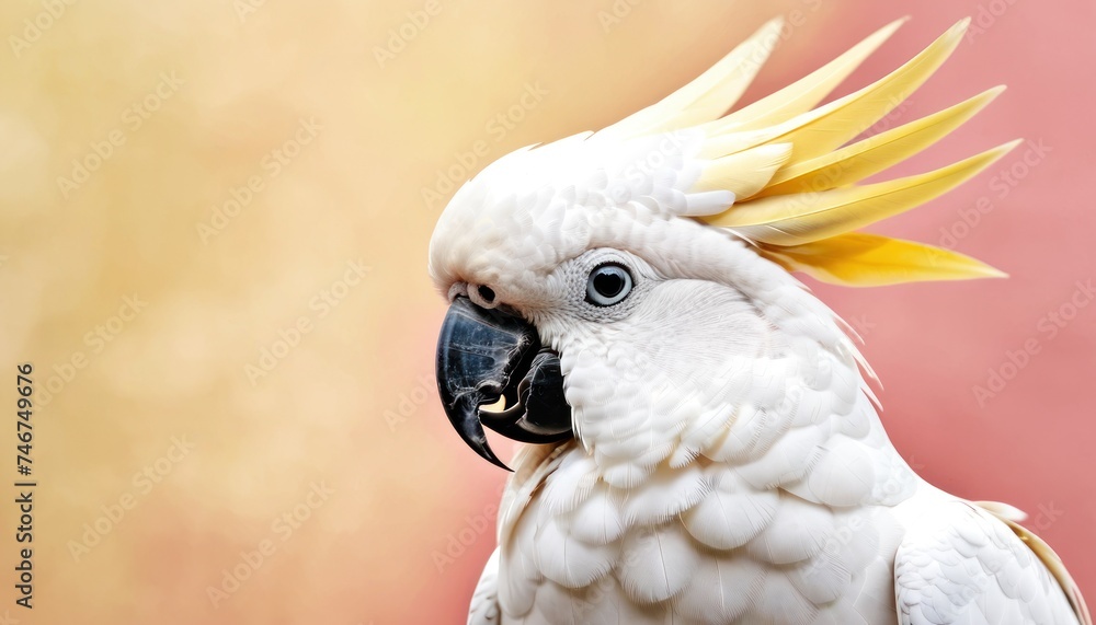 a close up of a white parrot with a yellow crown on it's head and yellow feathers on it's head. a close up of a white parrot with a yellow crown on it's head and yellow feathers on it's head.