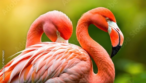 two flamingos standing next to each other in front of a green leafy background with sunlight shining on them.