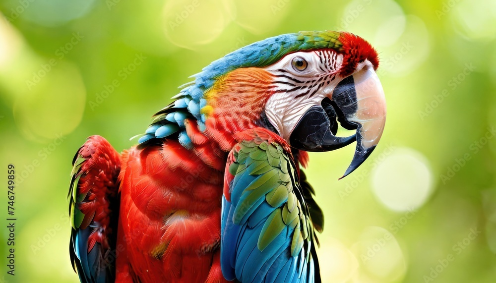 a close up of a colorful parrot on a branch with blurry trees in the backgrouds of the background.