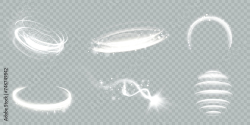 The speed of movement of a light vortex of bright light. A whirlwind of bright white light. Abstract curved light effect of bright lines. Vector PNG