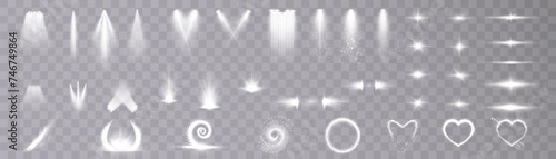 Set of lighting effects. Glowing isolated set of bright transparent light effects, spotlight, glare, explosion, sparkle, portal, line, solar flare, spark and stars, curve. Vector PNG