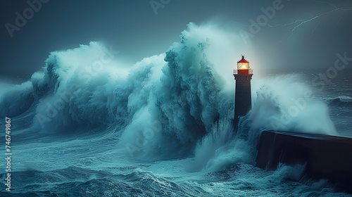 A photograph capturing a lone lighthouse standing against a colossal blue wave. The sky and ocean blend into a surreal blue landscape. Ai generative