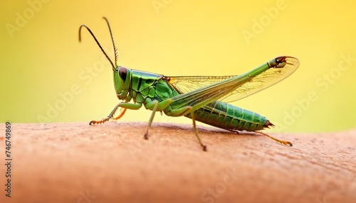 a close up of a grasshopper insect on a person's arm, with a yellow and green background. © Mikus