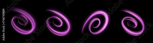 The speed of movement of the light vortex of violet light. A whirlwind of bright purple light. Abstract curved light effect of bright lines. Vector PNG