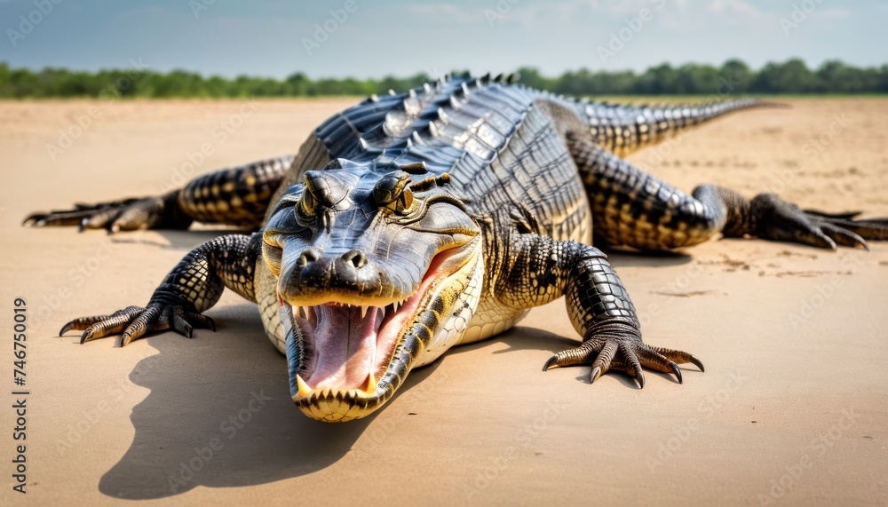 a large alligator laying on the ground with its mouth open and it's mouth wide open and it's mouth wide open. - obrazy, fototapety, plakaty 