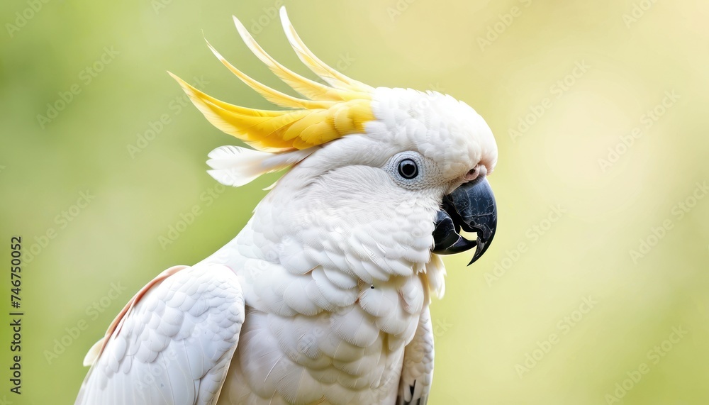 a close up of a white and yellow bird with a yellow mohawk on it's head and a green background.