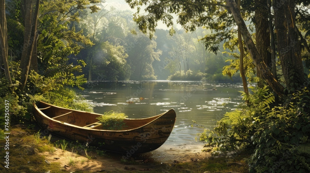a wooden canoe resting on its side, nestled against a serene lakeside backdrop, evoking a sense of adventure and tranquility.
