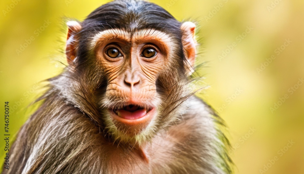 a close up of a monkey with a surprised look on it's face, with a blurry background.