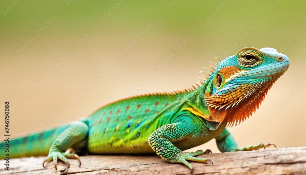 Fototapeta premium a close up of a green and orange lizard on a tree branch with a blurry back ground in the background.