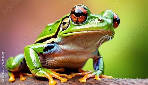 a close up of a frog sitting on a branch with a blurry back ground and a blurry background.
