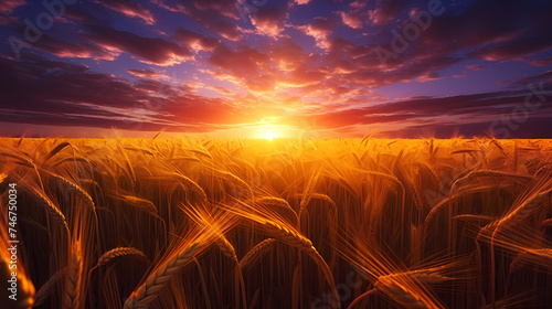 Close-up of a wheat field with sunlight shining through the ears in the foreground © jiejie