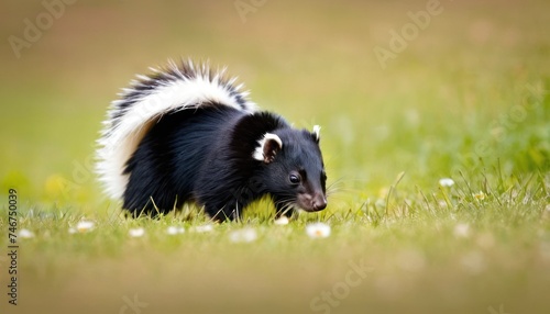 a small black and white animal standing on top of a lush green grass covered field with white and black flowers.