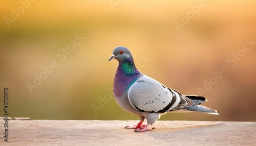 a close up of a pigeon standing on a ledge with a blurry back ground in the background and a blurry back ground in the foreground.