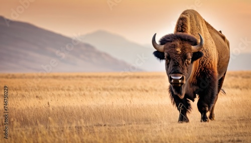 a large buffalo standing in the middle of a dry grass field with a mountain range in the backgroud. photo