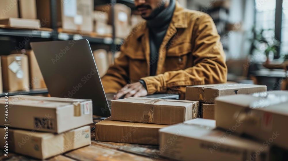 Owners man entrepreneurs working, box and check online orders or selling with computer to prepare pack the boxes to customer, SME business online concept Owners man entrepreneurs working, box and check online orders or selling with computer to prepare pack the boxes to customer, SME business online concept