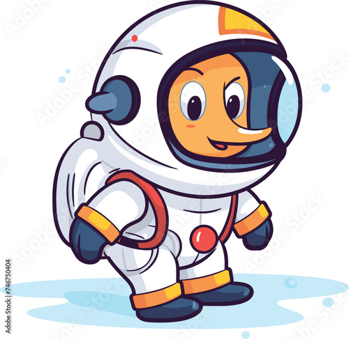 Cute cartoon astronaut carrying flag  smiling face inside helmet. Space exploration adventure theme vector illustration