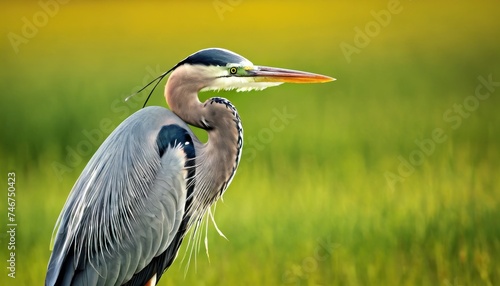 a close up of a bird with a long neck and a long bill standing in a field of green grass. photo
