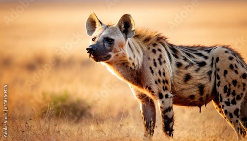 a close up of a hyena in a field of grass with the sun shining on the hyenas. © Mikus