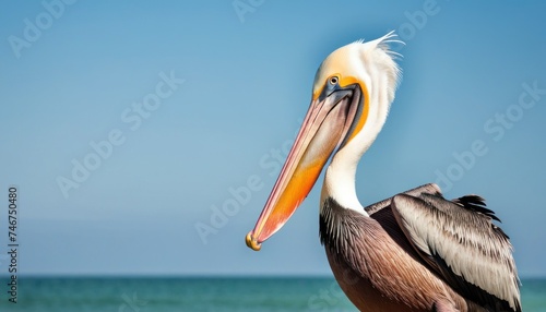 a close up of a pelican on a beach with a blue sky in the background and a body of water in the foreground.