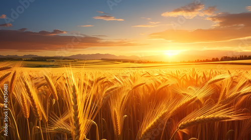 Close-up of a wheat field with sunlight shining through the ears in the foreground