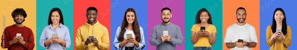 A lineup of eight individuals of different ethnicities with smartphones A lineup of eight individuals of different ethnicities with smartphones
