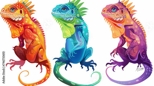 Conjunto de iguanas coloridas isoladas sobre fundo branco. Ilustra    o vetorial.