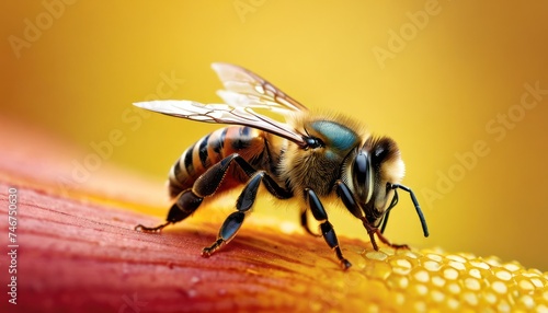 a close up of a bee on a flower with water droplets on it's petals and a yellow background. photo