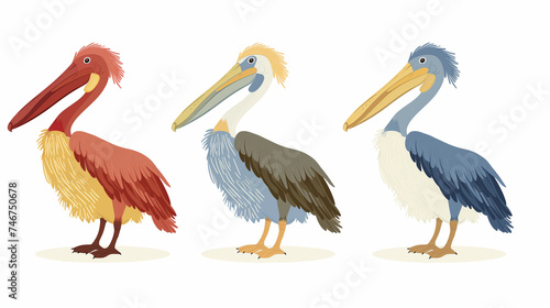 Conjunto de pelicanos isolados sobre fundo branco. Ilustração vetorial.