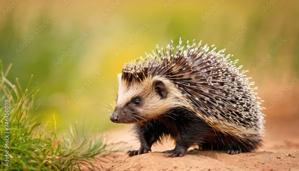 a close up of a small hedgehog on a dirt ground with grass in the foreground and a blurry background. a close up of a small hedgehog on a dirt ground with grass in the foreground and a blurry background.