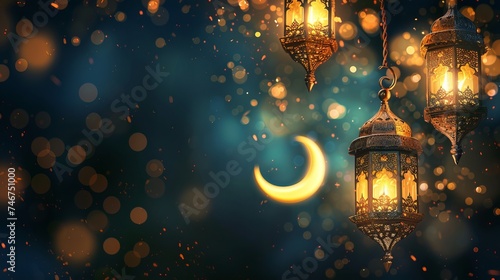 Islamic greetings card design template background featuring crescent moon and lovely lamps for Ramadan Kareem photo