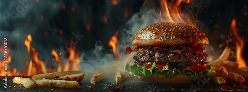 Tasty and fresh cheeseburger with french fries, cheese, lettuce and vegetables on a dark background with smoke, fire and ingredients. Commercial street food photography concept.
