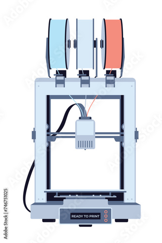 3d printer machine with filament spools in flat style isolated on white background. Vector illustration