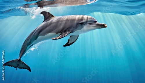 a couple of dolphins swimming next to each other on a body of water with a boat in the back ground. © Mikus