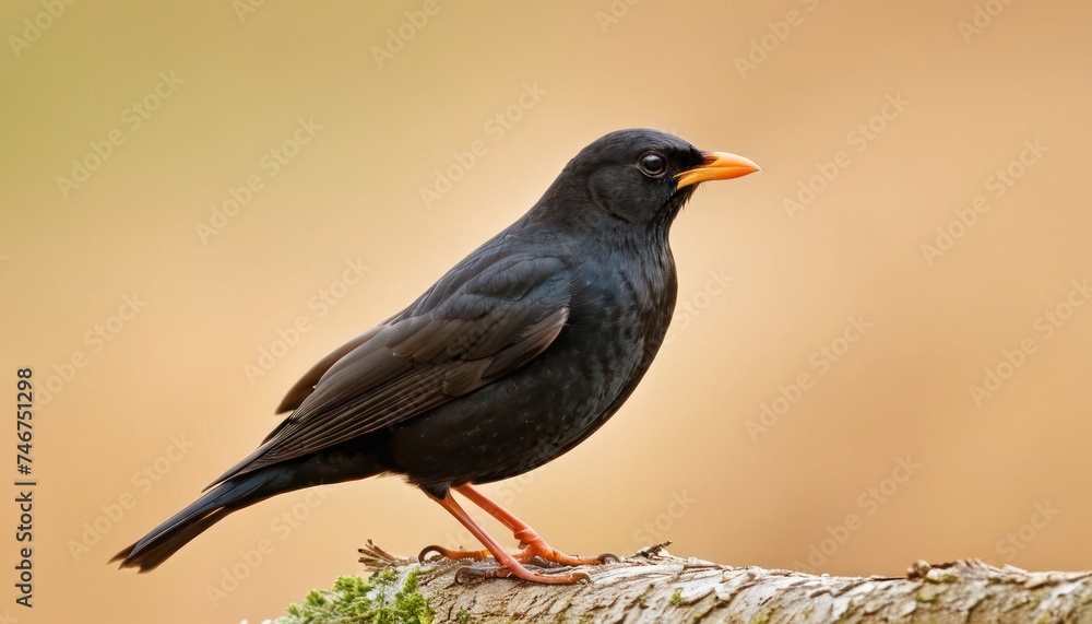 a black bird sitting on top of a tree branch in front of a brown and tan background with a yellow beak. a black bird sitting on top of a tree branch in front of a brown and tan background with a yellow beak.