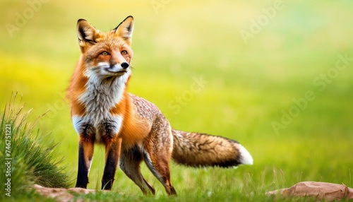a close up of a fox on a field of grass with a rock in the foreground and a blurry background.