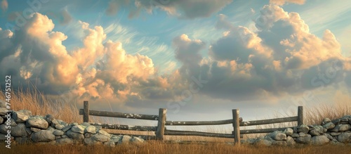 A painting depicting a rural field with a stone wall and a wooden fence under a serene sky with billowing clouds. The stone wall runs horizontally across the middle, while the wooden fence zigzags in