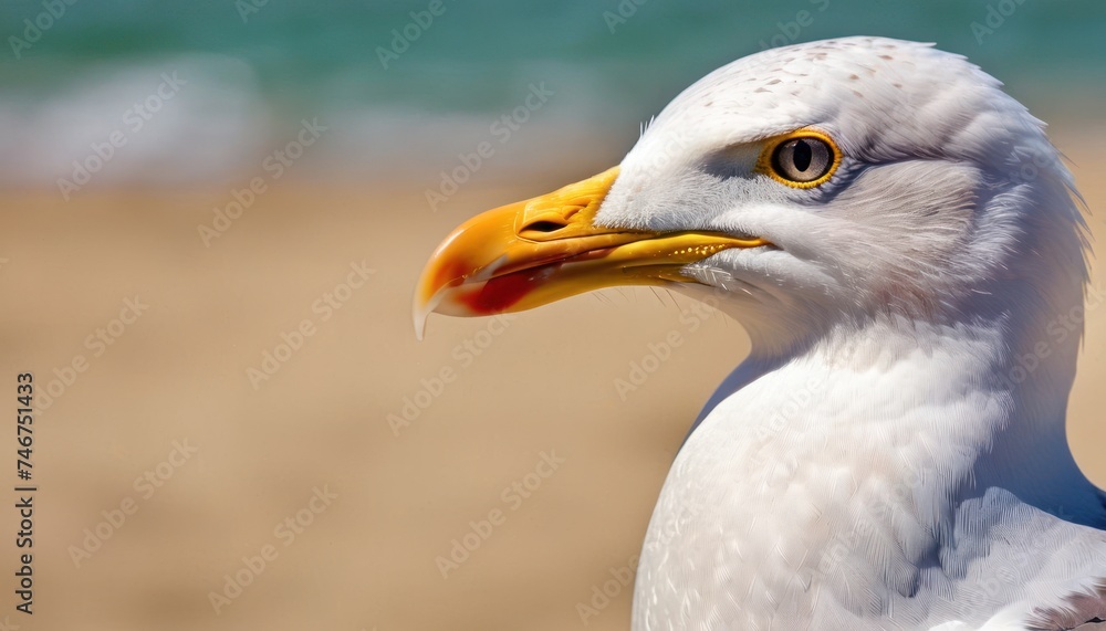 a close - up of a seagull's head with a blurry background of sand and water. a close - up of a seagull's head with a blurry background of sand and water.