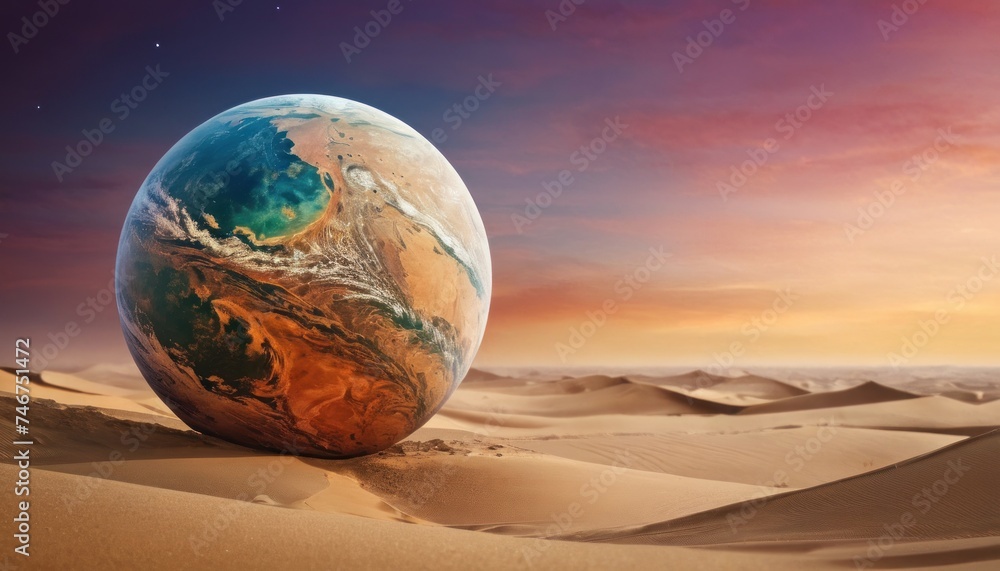 an egg shaped like a planet sitting on top of a sand dune in the middle of a desert at sunset. - obrazy, fototapety, plakaty 