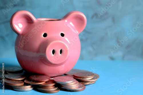 A pink piggy bank and gold coins in the style of rich textures, This image speaks to the themes of finance wealth and prosperity, money saving, business and finance concept