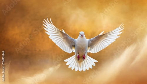 a white bird flying through the air with it s wings spread in front of a brown and yellow background.