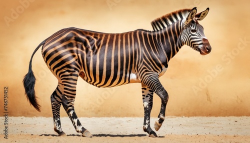 a zebra standing on top of a sandy ground next to a brown and tan wall with a black stripe on it s body.