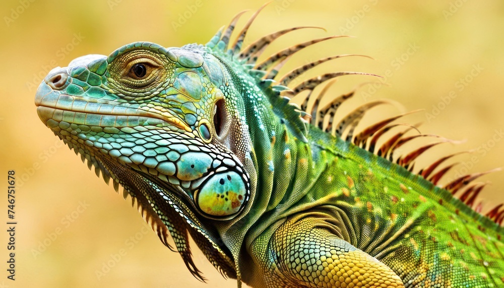 a close up of an iguana's head and neck with yellow and green leaves in the background. a close up of an iguana's head and neck with yellow and green leaves in the background.