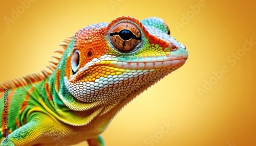 a close up of a lizard s head with an orange and green color scheme and a yellow back ground.