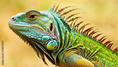 a close up of an iguana's head and neck with yellow and green leaves in the background. © Mikus