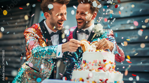 Vibrant Wedding Moment: Men Share Playful Cake Slice