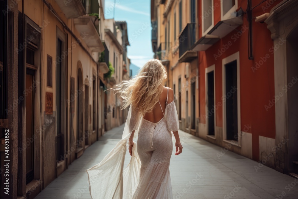 Beautiful blonde girl in the old town. Caucasian woman walking through the streets of Europe. Caucasian woman walking through the streets of Europe. Travel concept.