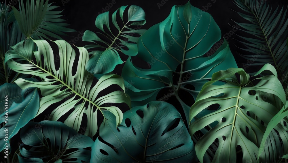 Exotic green leaves of a tropical jungle, set against a black background, embodying a vibrant tropical concept Exotic green leaves of a tropical jungle, set against a black background, embodying a vibrant tropical concept