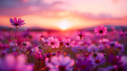 Leinwandbilder Purpur beautiful colorful meadow of wild flowers floral background, landscape with purple pink flowers with sunset and blurred background. Soft pastel Magical nature copy space  © Prasanth